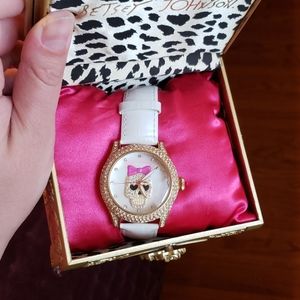 Betsey Johnson white skull rhinestone opal watch